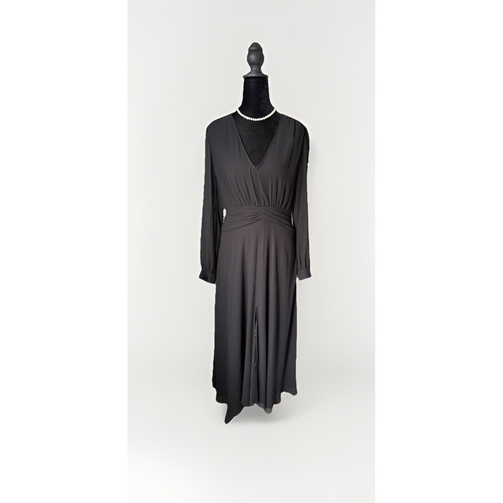 Aritzia Wilfred Cursive Dress Black Size 6 Long Sleeve V Neck Slit Midi - Picture 5 of 12